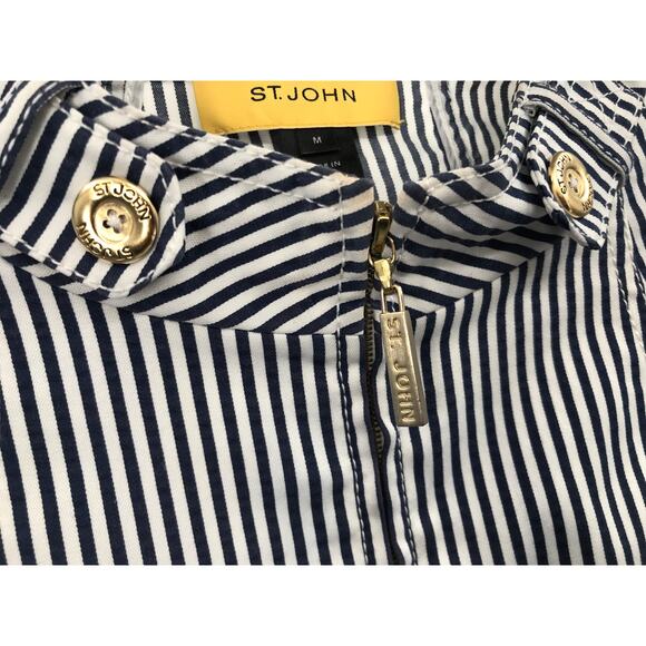 St. John Blue White Striped Stretch Zip Front Jacket M - Picture 4 of 10